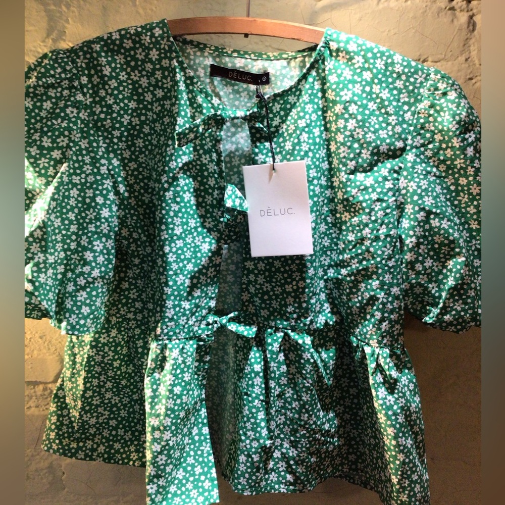 NEW! Deluc Green Floral Cotton Peplum Blouse